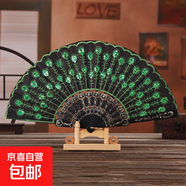 7朵詠春扇跳舞蹈扇子折扇蕾絲布扇民族爵士女道具扇孔雀亮片開(kāi)合 黑扇骨綠色