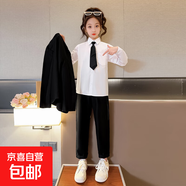 鑫佑宇2025春秋新款女童套裝西裝學(xué)院風(fēng)時(shí)尚洋氣韓范刺繡字母兩件 黑色 外套+褲子+襯衫+領(lǐng)帶 160