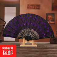 7朵詠春扇跳舞蹈扇子折扇蕾絲布扇民族爵士女道具扇孔雀亮片開(kāi)合 黑扇骨紫色