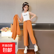鑫佑宇2025春秋新款女童西裝學(xué)院風(fēng)套裝西服夏季休閑西裝兒童三件 桔色 三件套 130