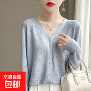 2025新款V領(lǐng)鏤空針織開(kāi)衫女寬松顯瘦百搭外套上衣 天藍色 2XL （135-155斤）