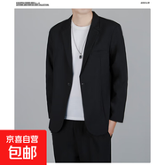 高級(jí)垂感抗皺小西服外套男士秋季痞帥服簡(jiǎn)約商務(wù)休閑百搭通勤西裝 黑色 M 建議80-100斤
