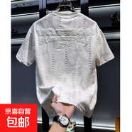 歐貨男士高端潮牌提花短袖T恤2025年新款夏季寬松圓領(lǐng)破洞半袖CY 白色 常規(guī) XL