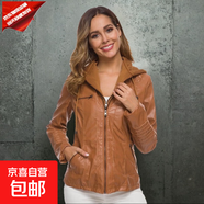 女士皮夾克連帽長(cháng)袖拉鏈PU皮外套美式復古休閑氣質(zhì)女式機車(chē)服上衣 淺棕色 L