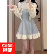 小個(gè)子甜美短裙春秋收腰顯瘦小眾設計感撞色拼接假兩件套連衣裙女 藍色短裙 L 建議105-115斤