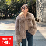 2025冬季新款海寧仿狐貍毛皮草外套女士毛毛大衣加厚翻領(lǐng)長(cháng)袖外套 卡其色(加棉加厚拉鏈款) S 建議90-100斤