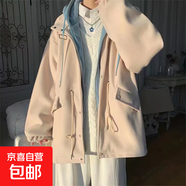 顯瘦顯高毛呢大衣男秋冬舒適潮流休閑寬松上衣大碼帥氣青少年風衣 【潮男毛呢-大衣】米白色 M 【建議90-105斤】