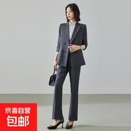 秋季西裝套裝2025新款高級(jí)感雙排扣女生面試正裝職業(yè)女式西服外套 灰色外套+微喇叭褲 3XL (建議128-138斤左右)