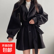 韓版Chic2025秋冬新款復古妮子大風(fēng)衣收腰寬松小個(gè)子毛呢外套女裝 黑色 2XL