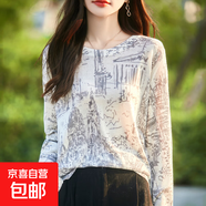 秋薄款精紡水溶羊毛針織衫長袖毛衣女寬松圓領(lǐng)拼色印花打底上衣 巴黎鐵塔 L