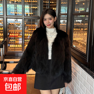2025新款冬季環(huán)保狐貍毛皮草外套女士洋氣時(shí)尚短款毛毛大衣高級(jí)感 黑色(有口袋有掛鉤) XL 建議110-120斤