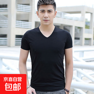 短袖T恤男夏季薄款打底衫修身純色V領(lǐng)韓版男士T恤衫 JS純色短袖 V領(lǐng)黑色 4XL