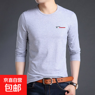 圓領(lǐng)磨毛加厚長(cháng)袖t恤男體恤衫印花男士打底衫中年爸爸裝潮流上衣 GE淺灰色 M