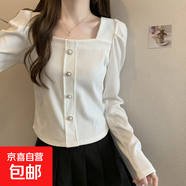 法式方領(lǐng)正肩長(zhǎng)袖打底衫女設(shè)計(jì)感小眾遮肚藏肉上衣外穿t恤 白色 【微胖顯瘦上衣法式】 S  80-100斤【微胖女生穿搭】