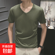男士短袖T恤夏季純色圓領(lǐng)半袖青年打底衫修身薄款體恤 JS純色短袖 V領(lǐng)軍綠 2XL