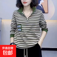 2025春秋新款條紋長(cháng)袖T恤女洋氣顯瘦媽媽裝彈力打底衫半高領(lǐng)ZHFS 綠色條紋 2XL 125-140斤