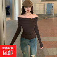 春秋新款純欲甜辣性感一字肩長(zhǎng)袖T恤女露肩修身顯瘦打底上衣爆品 棕色 均碼 (80-120)