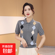 【拉夫勞倫制造商】秋季上衣薄款撞色提花女裝拼接格紋休閑針織衫 法蘭灰 M 85-105斤