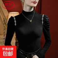 半高領(lǐng)磨毛泡泡袖T恤女修身重工裝飾2025秋季新款長袖女裝小衫 黑色 M