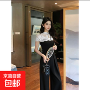 高級(jí)感蕾絲拼接連體褲女夏季新款新中式氣質(zhì)連體衣D3291 黑色 M 【100-110斤】