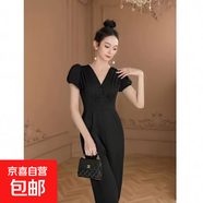 【有里布】法式夏季領(lǐng)短袖收腰顯瘦連衣褲女氣質(zhì)優(yōu)雅連體衣D3312 黑色 常規(guī) L 【110-120斤】