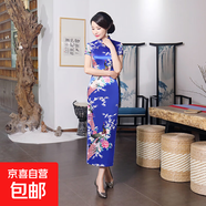 中國風民族改良長款旗袍加肥大碼印花旗袍裙新中式連衣裙女2025新 C0157-6寶藍 6XL 建議160-170斤