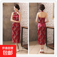 粉紅旗袍長款織錦緞旗袍開叉旗袍表演T臺(tái)秀晚會(huì)旗袍裙修身顯瘦女 酒紅龍鳳 M 建議90-100斤