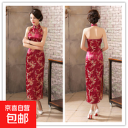 粉紅旗袍長款織錦緞旗袍開叉旗袍表演T臺(tái)秀晚會(huì)旗袍裙修身顯瘦女 酒紅梅花 M 建議90-100斤