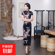 中國風民族改良長款旗袍加肥大碼印花旗袍裙新中式連衣裙女2025新 C0157-2黑色 4XL 建議140-150斤