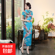 中國風民族改良長款旗袍加肥大碼印花旗袍裙新中式連衣裙女2025新 C0157-8湖藍 4XL 建議140-150斤