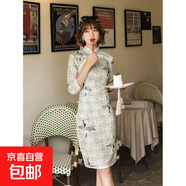 2025新款夏秋改良旗袍短款蕾絲復古修身仙鶴花紋連衣裙女新中式服 E0001-4綠白吉祥鳥(niǎo) 2XL 建議120-130斤