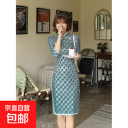2025新款夏春改良旗袍中袖短款蕾絲復古修身花紋連衣裙女新中式服 E0002-4千鳥(niǎo)藍 M 建議90-100斤