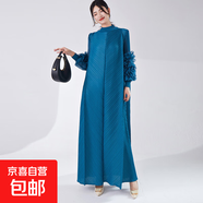 時尚褶皺連衣裙春秋高級感長款裙子歐美大碼女裝連衣長裙 藍(lán)色 均碼