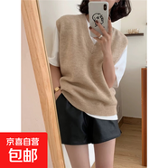 25秋冬新款女羊毛衫馬甲背心針織衫V領(lǐng)寬松疊穿外搭上衣百搭背心 米杏色 S 建議75-95
