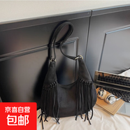 磨砂流蘇腋下包包女2025秋冬新款潮流大容量純色復(fù)古單肩斜挎包 黑色