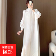 時尚褶皺連衣裙春秋高級感長款裙子歐美大碼女裝連衣長裙 白色 均碼