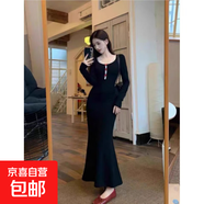 黑色長袖內(nèi)搭背心套裝針織連衣裙女秋冬季新款法式氣質(zhì)包臀長裙子 蕾絲背心+連衣裙 S