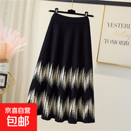 時(shí)尚波紋百褶毛線針織半身裙女秋冬款高腰顯瘦中長款A(yù)字大擺裙 黑色 均碼 （140斤以下）