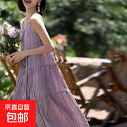 手工百褶裙子夏季女吊帶背心裙高級感長(cháng)裙女裝法式連衣裙 粉紫色 均碼
