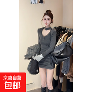 秋冬純欲風(fēng)方領(lǐng)拼接蕾絲邊長袖裙子女加厚加絨性感包臀褶皺連衣裙 灰色 M
