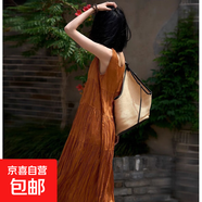 手工百褶裙子夏季女吊帶背心裙高級感長裙女裝法式連衣裙 栗色 均碼