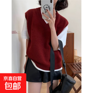 25秋冬新款女羊毛衫馬甲背心針織衫V領(lǐng)寬松疊穿外搭上衣百搭背心 酒紅色 S 建議75-95
