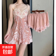 感金絲絨吊帶裙氣質(zhì)時(shí)尚性感女士輕奢法式網(wǎng)紅純欲性感家居服 杏色【吊帶+短褲】 XL