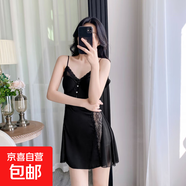 冰絲法式睡裙女夏季新款性感蕾絲短袖長(cháng)裙仙女風(fēng)帶胸墊睡衣家居服 黑色【吊帶】 XL