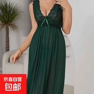 情趣內衣女士睡衣性感吊帶睡裙女家居服睡袍長(cháng)款深V領(lǐng)蕾絲連衣裙 綠色 M