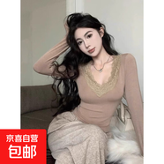 【親膚柔軟】設計感蕾絲花邊V領木耳邊T恤女修身打底衫上衣潮XXC 卡其色【優(yōu)質款】 XL 116-128斤