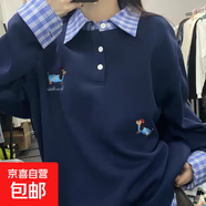 美式顯瘦甜美學(xué)院風(fēng)刺繡POLO領(lǐng)卡通衛(wèi)衣女秋冬襯衫拼接假兩件外套 【甜美刺繡款】藏青色 2XL 【建議125-145斤】