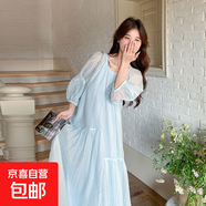 藍色雪紡連衣裙女2025夏季新款法式溫柔甜美減齡旅游度假絕美長(cháng)裙 藍色 M