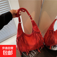 磨砂流蘇腋下包包女2025秋冬新款潮流大容量純色復(fù)古單肩斜挎包 紅色