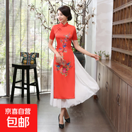 2025改良旗袍越南奧黛旗袍裙長款連衣裙女裝修身復古中式媽媽服飾 大紅 3XL 建議130-140斤